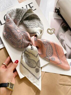 2/$30 Pink & Cream Paisley Satin Silk Feel Square Scarf 70cm Small Neckerchief